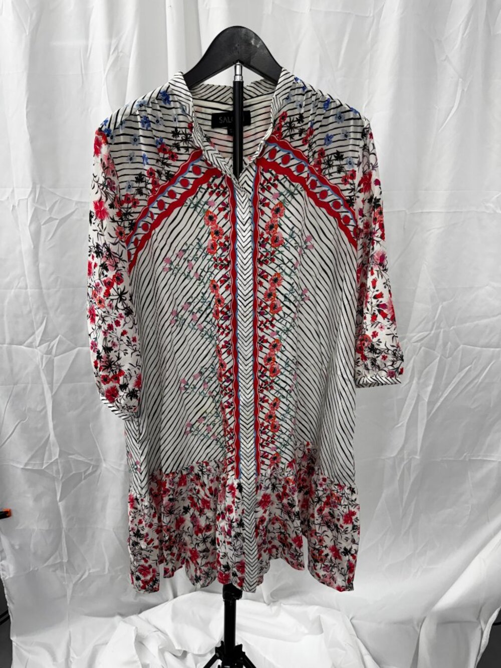 SALONI Silk Floral Button Front Knee Length Dress White, Black & Pink Sz 10 - Picture 16 of 16